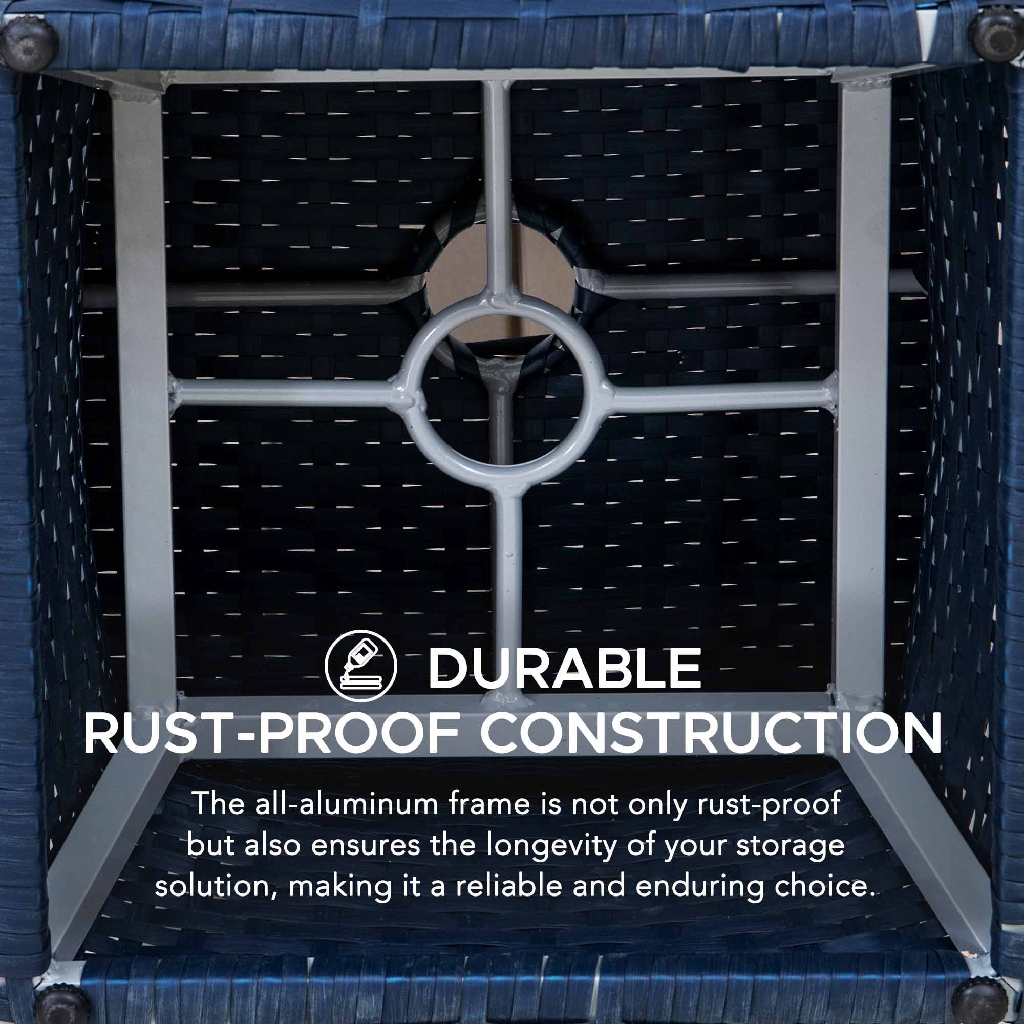 Outdoor Side Patio Table with Umbrella Hole, Sunjoy Poolside 16-Inch Rattan Wicker Square Combination Umbrella Stand Side Table, Navy