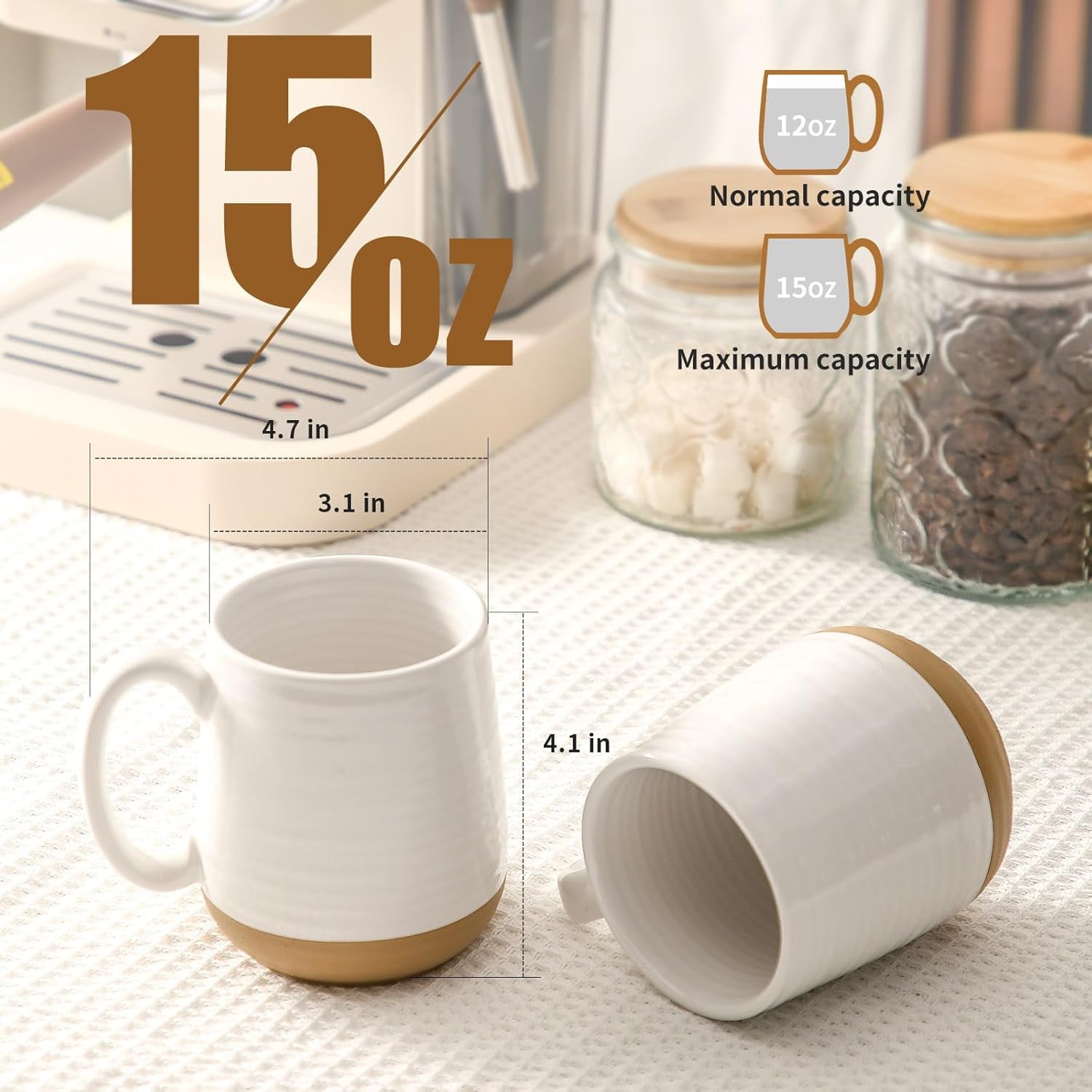 Hasense Ceramic Coffee Mugs Set - 15 OZ Porcelain Coffee Latte Cups Set of 4 with Handle Perfect for Cappuccino, Tea, Mocha, Hot or Cold Drinks, Unique Glaze Design for Gift, White