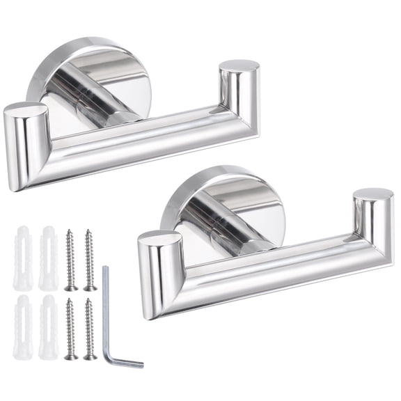 2pcs Double Towel Hook, Stainless Steel Coat Hook, Wall Mount Robe Hooks Hand Towel Hanger Bright Silver