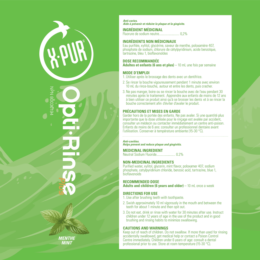 X-PUR Opti-Rinse Plus Rince Bouche Flaveur De Menthe Avec 0.2 % Fluorure De Sodium, Sans Alcool, 10% Xylitol