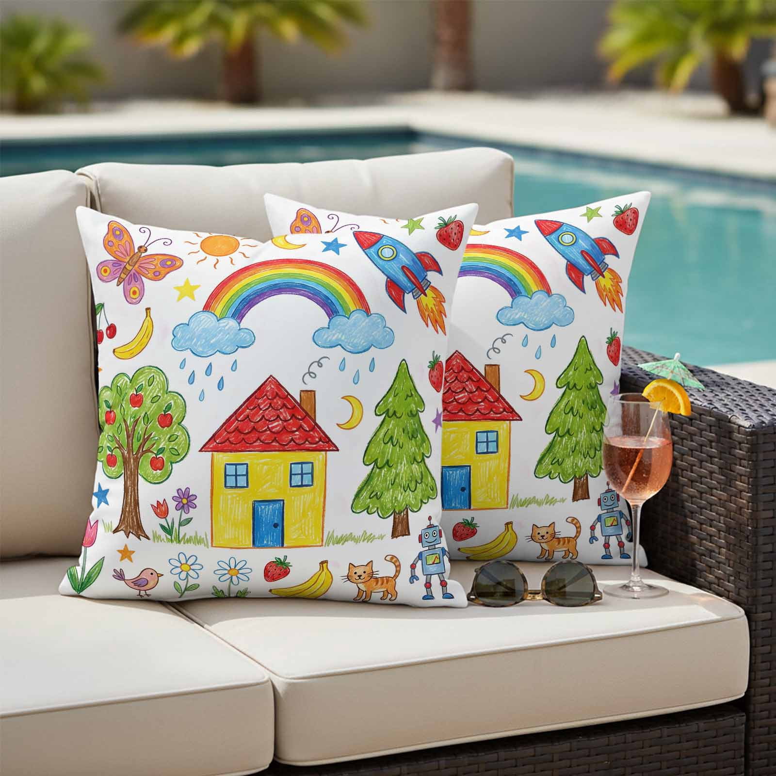 Children's Day Outdoor Waterproof Throw Pillow Covers 20x20 Set of 2, Cartoon Painting Rainbow Rocket Butterfly Decorative Pillowcases Cushion Pillowcase for Couch Sofa Patio Outside Pillow Protector