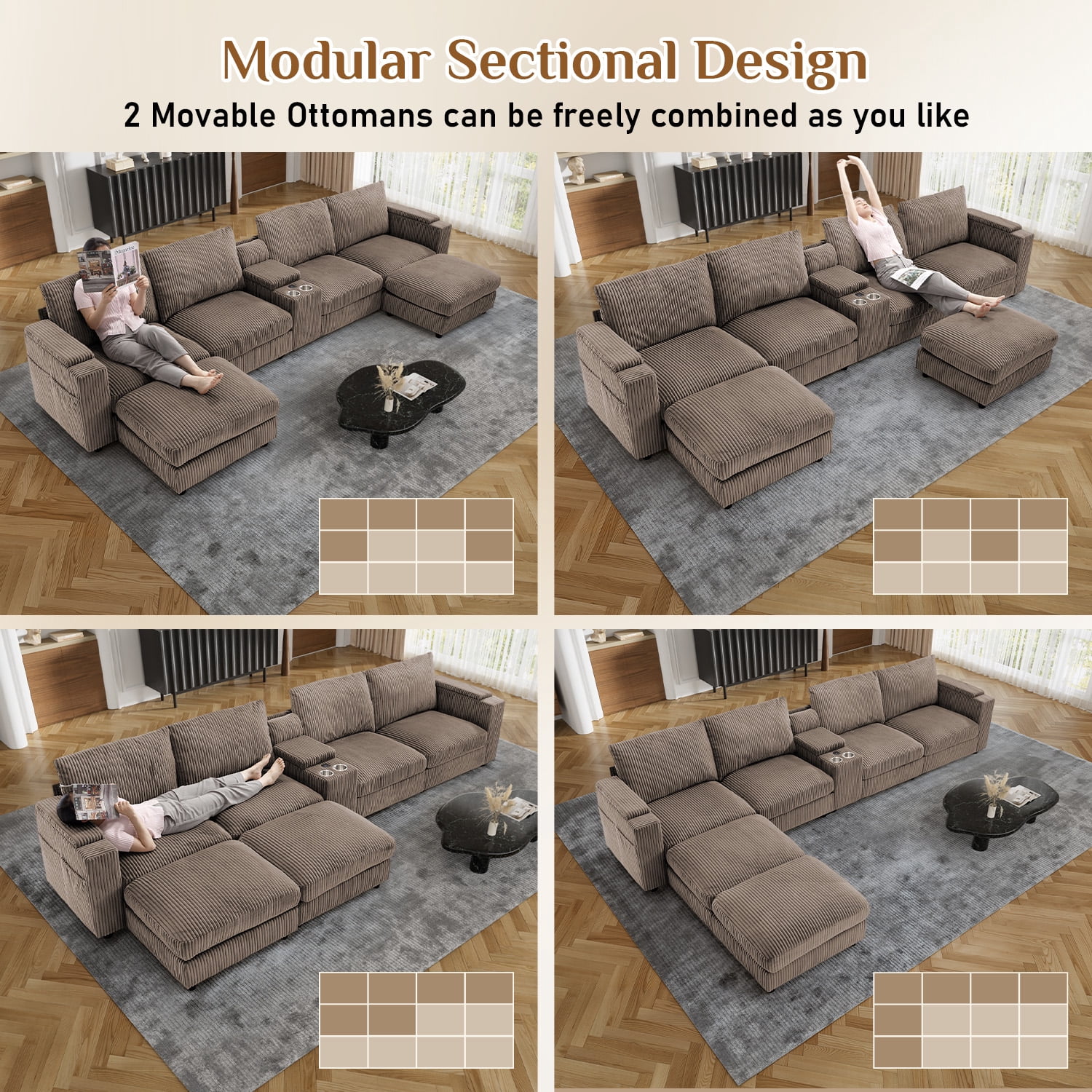 Wiilayok 153" Oversized U-Shaped Cloud Couch Sectional with Modular Design for Living Room: Comfy Corduroy, Ottoman, USB Port, Cup Holder, Armrest Storage, Side Pocket, Brown