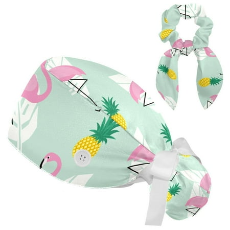 

Working Cap with Buttons and Sweatband Scrub Hat Bouffant Caps with Scrunchie Flamingo Tie Back Hats