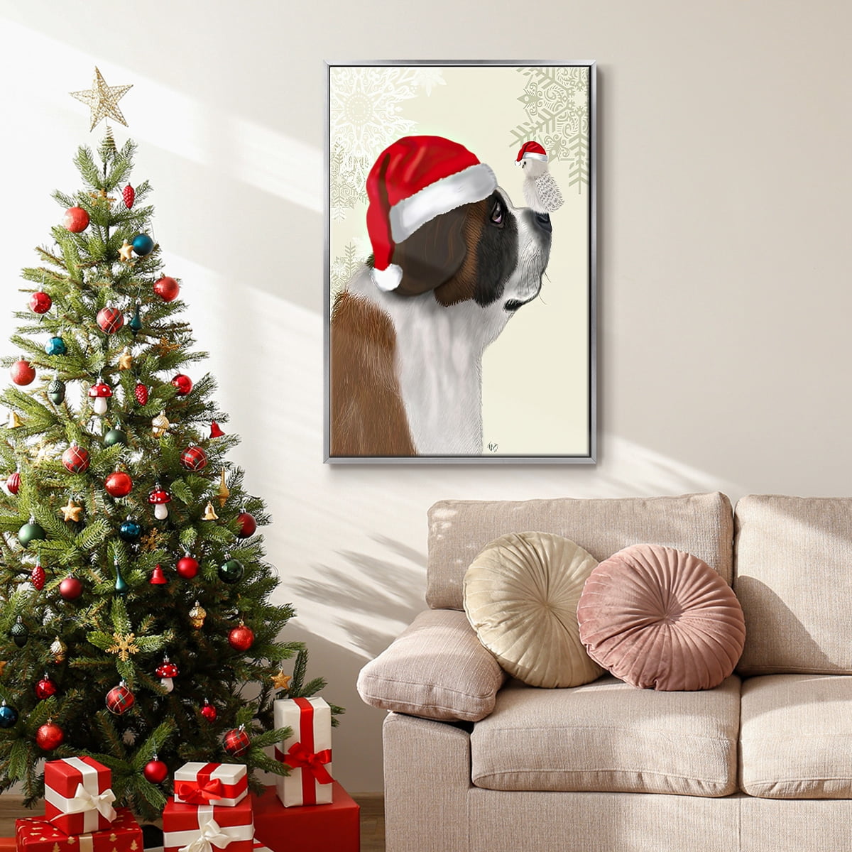 Christmas St Bernard and Fluffy Owl - Framed Gallery Wrapped Holiday Canvas - 27 x 41 - Silver Frame