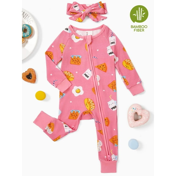 PatPat Baby Girl Bamboo Baby Pajamas Sleep N Play Snug Fit 2-Way Zipper Romper Baby Girl Gifts with Headbands Infant 12-18 Months