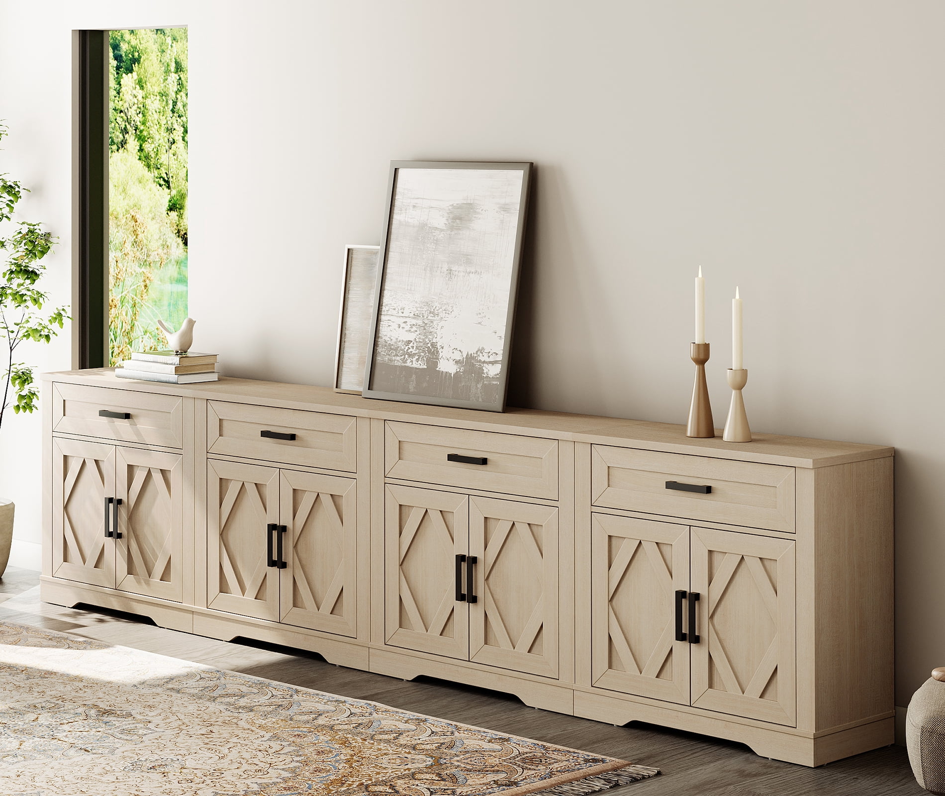 WAMPAT 126"W Large TV Stand,4-in-1 Farmhouse Entertainment Center with Storage Barn Door Cabinet,TV Console Table with Media Cabinet and Drawers for Living Room,Bedroom,Beige