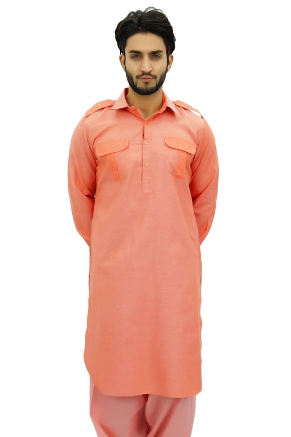 Men's Pathani Style Men's Long Kurta Salmon Punjabi Ethnic Shirt-XX-Large