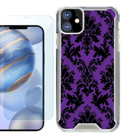 For Apple iPhone 12 Case, iPhone 12 Pro Case, Hybrid Bumper Phone case, with Tempered Glass Screen Protector, by OneToughShield ® - Victorian Purple/Black