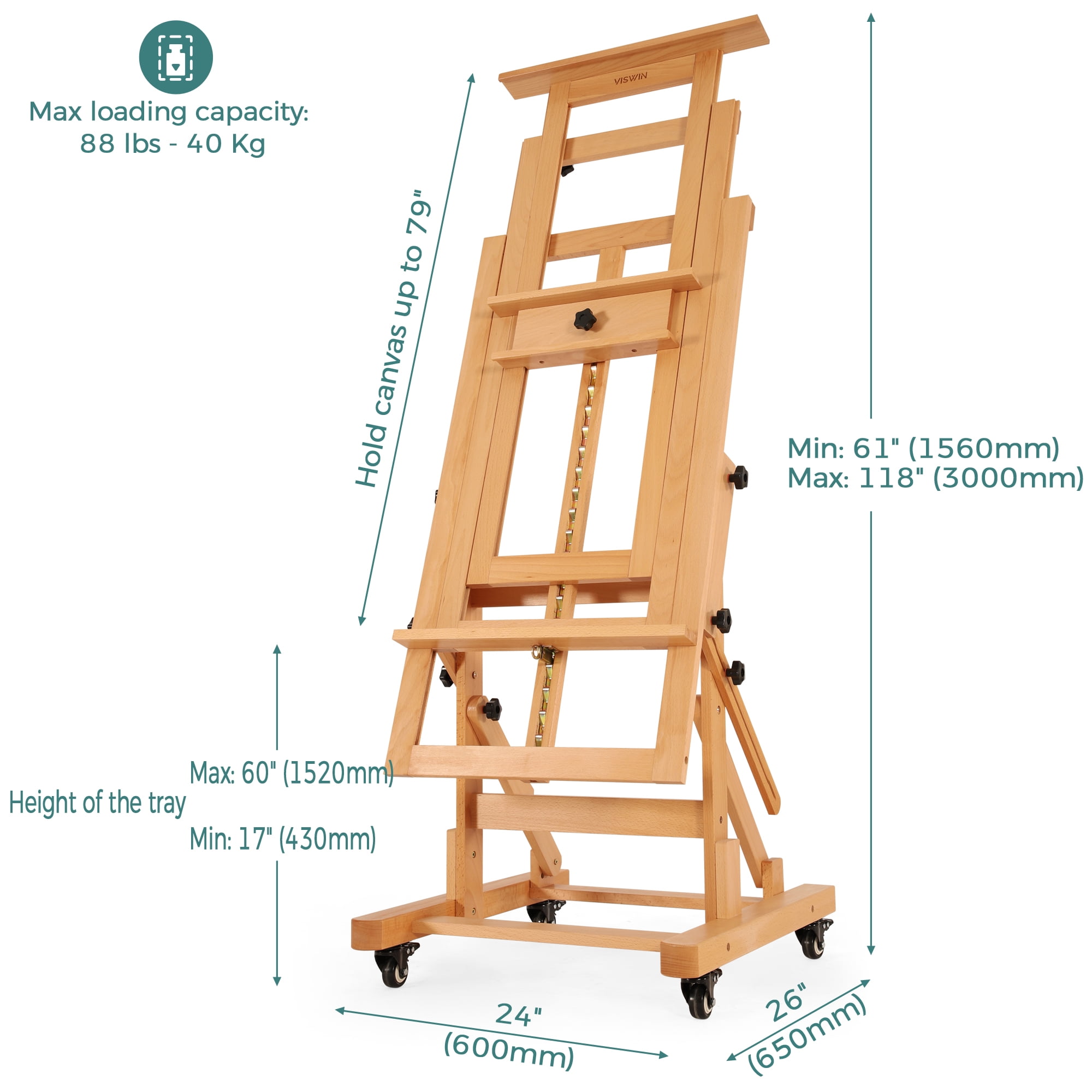 VISWIN Extra-Large Master H Frame Easel, Movable Solid Beech Wood Floor Easel Stand for Painting