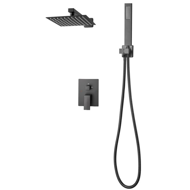 KFFKFF Shower Faucet Set, Rainfall Bathroom Shower System with 8-Inch Square Rain Shower Head and Handheld Spray, Wall Mounted Bath Fixtures with Brass Valve and Trim Kit, Matte Black