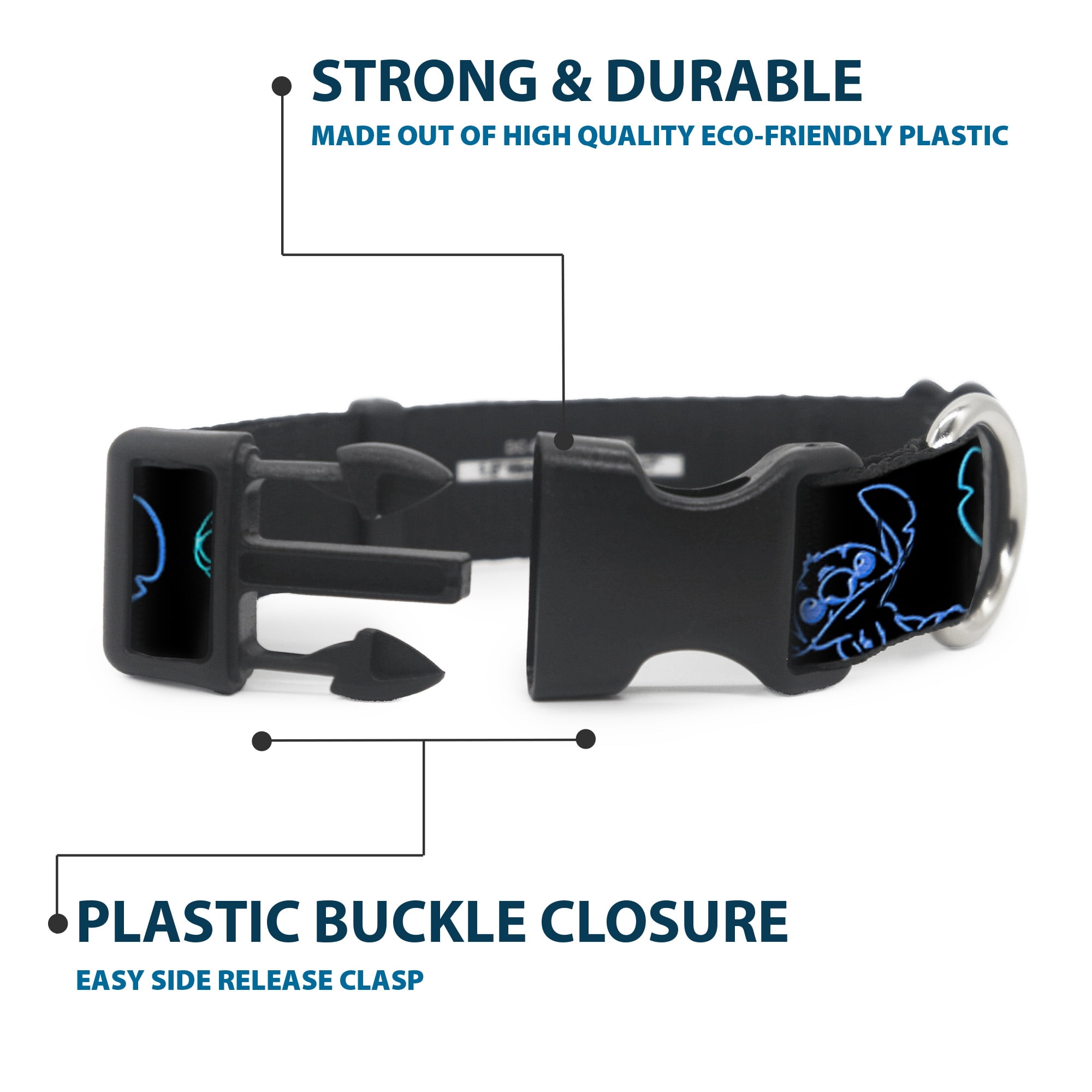 Disney Pet Collar, Dog Collar Plastic Buckle, Electric Stitch Poses Black Neon Blue, 15 to 24 Inches 1.0 Inch Wide