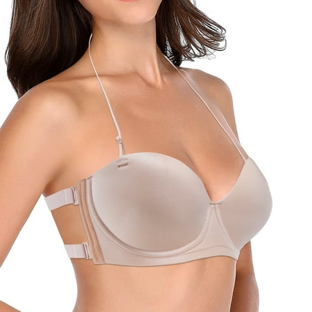 YEJIMAN Ladies Push up Strapless Adhesive Bra Deep U Shape Backless Bra  Beige Womens Underwear  Nylon Spandex Plus Size Underwear For Women