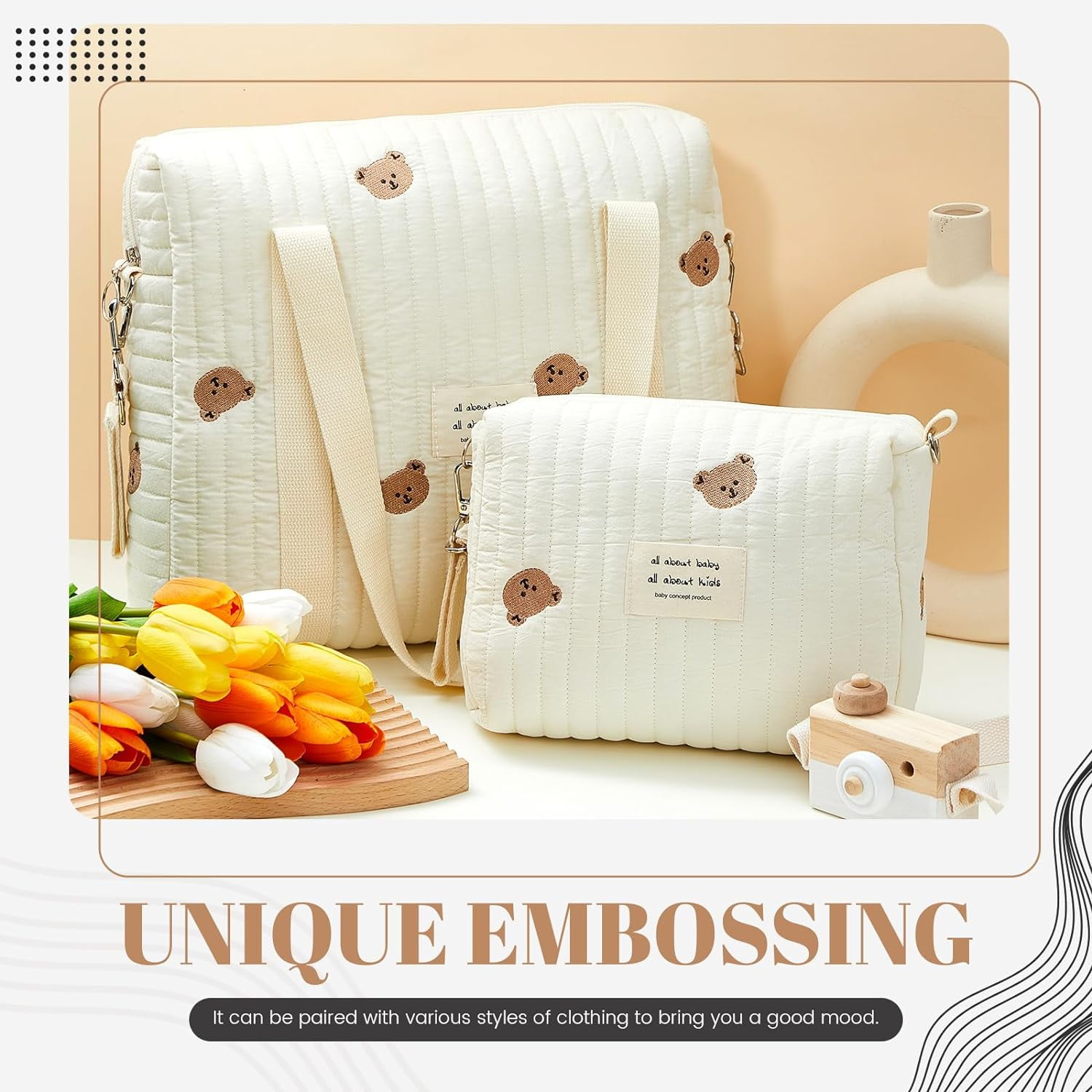 2 Pcs Diaper Bag Tote for Baby Small Multifunction Maternity Bag Quilted Cotton Cute Stroller Storage Bag Travel