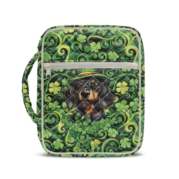 HELLHERO Reusable Bible Carrying Case Bag for Women, Soft Pockets Church Protector Organizer Polyester Fabric Bible Cover Case Dachshund Clover Pattern