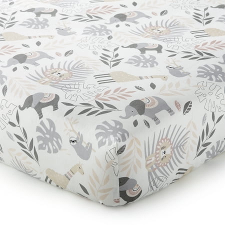 UPC: 0190945091062 | Levtex Baby – Imani Crib Fitted Sheet – Fits Standard Crib and Toddler Mattress – Tossed Llamas Elephants Lions Leaves and Sloths – Pink Grey Taupe White – Nursery Accessories – 100% Cotton