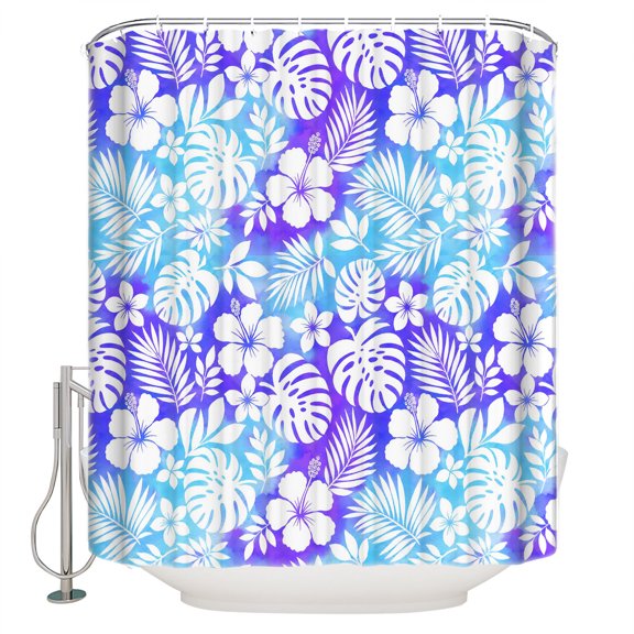 Tropical Plants Bathroom Shower Curtains with 12 Hooks Polyester Waterproof Shower Curtain for Stalls and Bathtubs Blue Purple Jungle Palm Leaves Flowers Decorative Bathroom Curtain 72x78 Inches