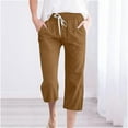 thumbnail image 2 of Women's Casual Solid Color Elastic Waist Drawstring Cotton Linen Capri Pants With Side Pocket, 2 of 5