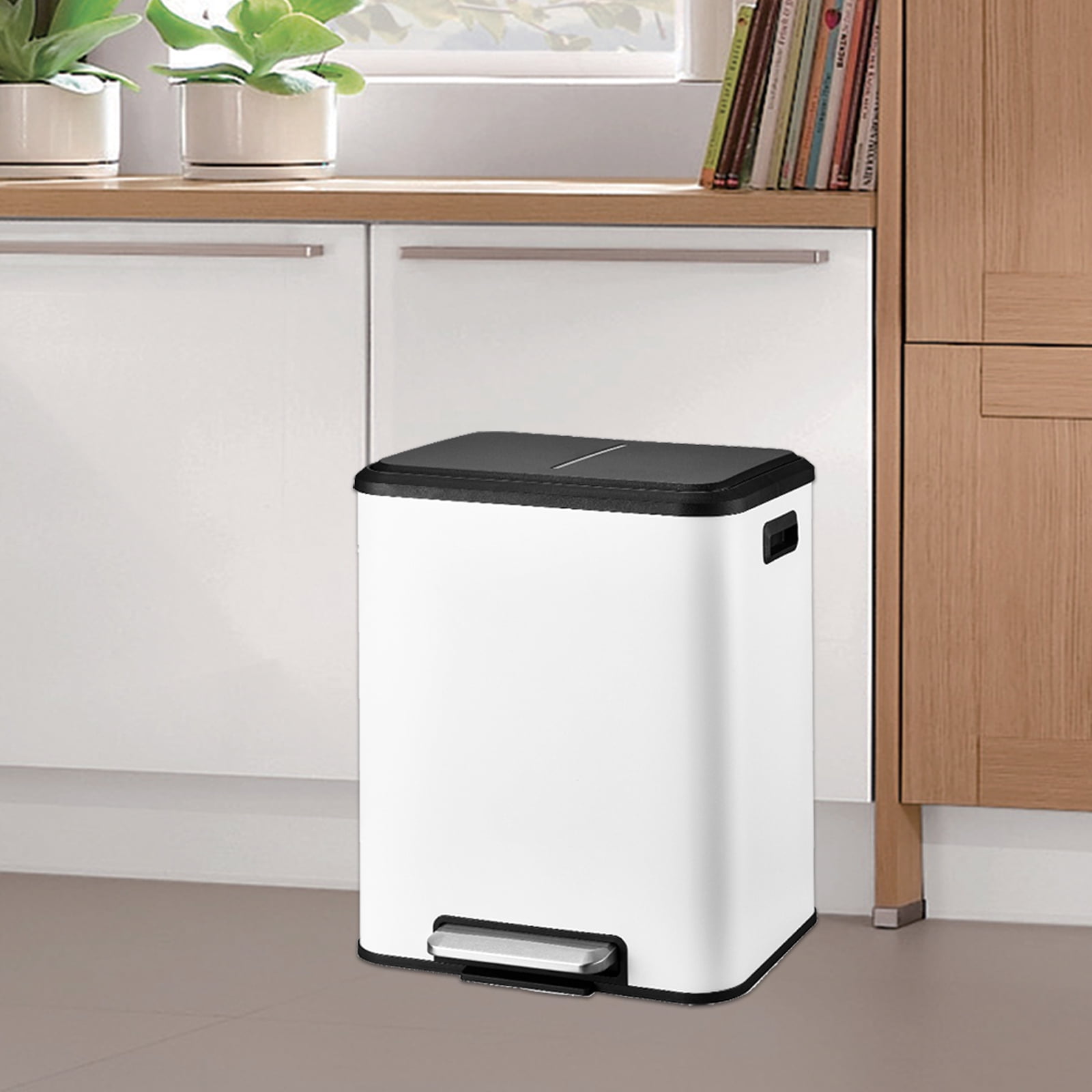 Dual Trash Can for Recycling and Trash, 2 x 15 L (30 L) Stainless Steel Kitchen Trash Can with Lid and Foot Pedal, Double Compartment Garbage Can, Trash Can with Recycling Bin