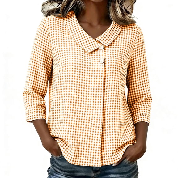 Enjoytime Ladies Tops and Blouses 3/4 Sleeve Collared V-Neck Button Down Blouses Business Casual Plus Size Womens Clothing