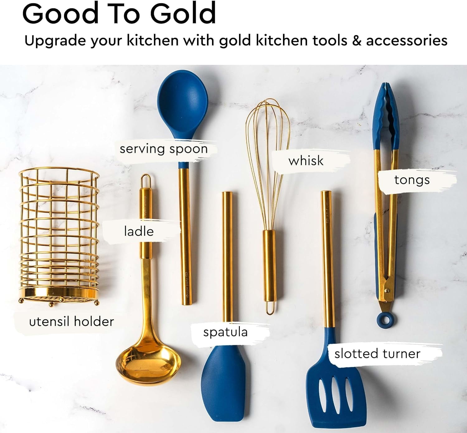 Teal Kitchen Utensils Set with Holder - 17PC Teal & Gold Cooking