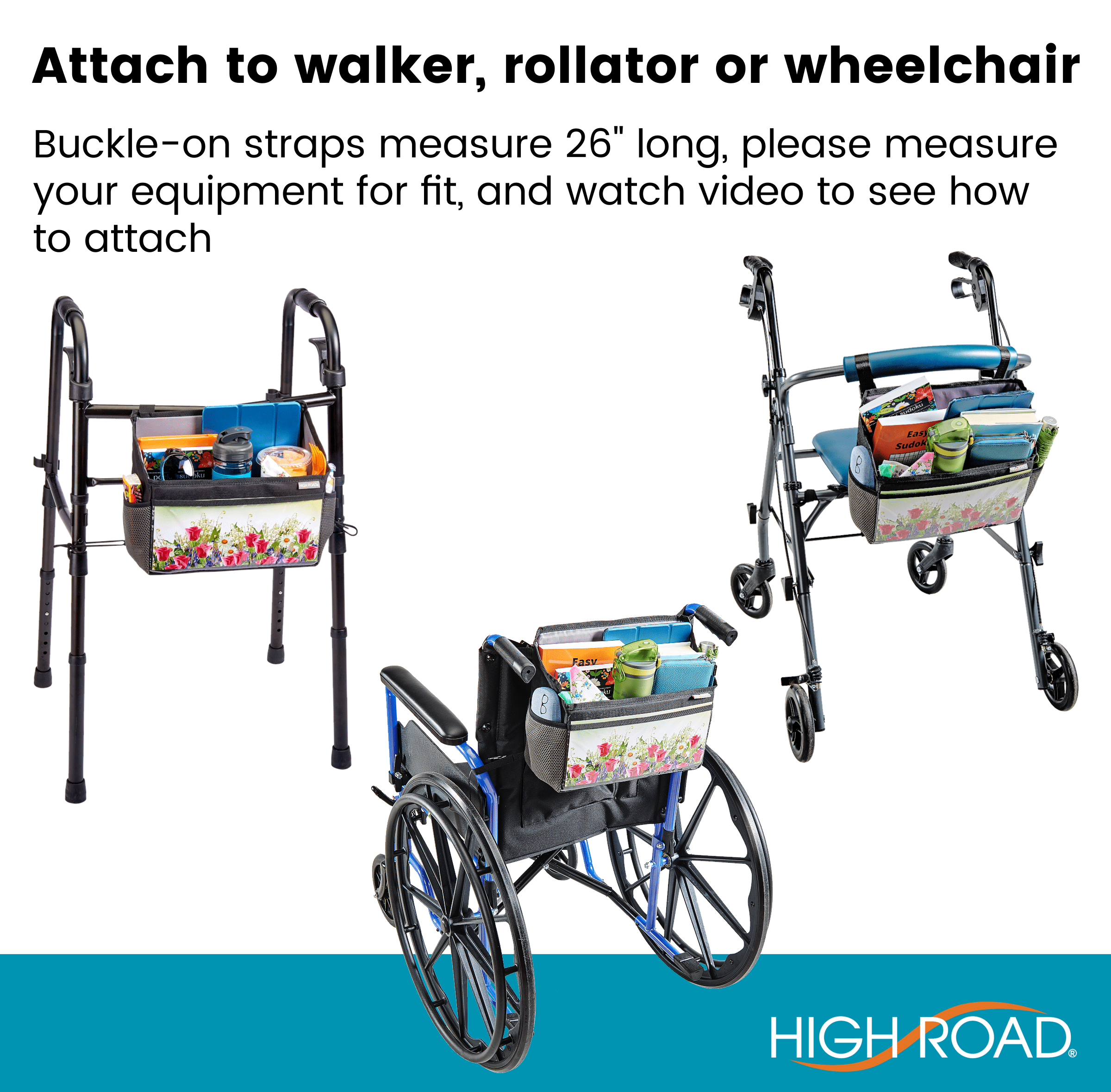 High Road Walker Bag with Clear Front Storage and Photo Pocket - Walker Basket for Folding Walker With Insulating Neoprene Cup Holder, 4 Storage Pockets and 5 Decorative Picture Inserts