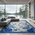 thumbnail image 2 of ODIKA 8'x10' Washable Area Rug Ivory Chinoiserie Cobalt Botanical Design Porcelain Inspired Floral Lattice Motif for King Size Bedroom Under Bed, Master Suite, Non-Shedding, Easy Care, 2 of 7