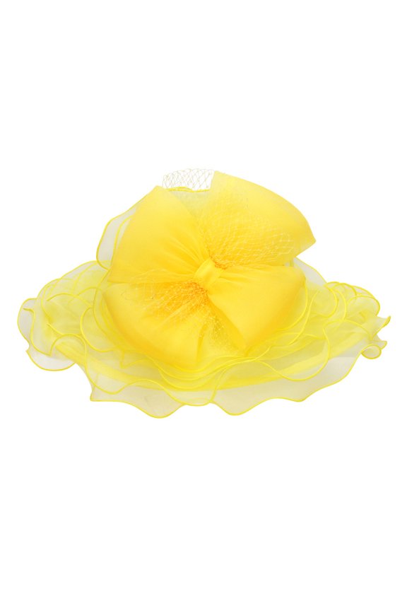 ChicHeadwear Large Brim Organza Mesh Bow Sun Hat - Yellow