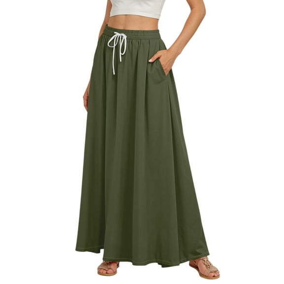 QIJIE Skirts for Women 3-Layer Tiered Soft High Waist Maxi Plus Size Skirts Elastic Swing Flowy A-Line Trendy Long Length Skirts with Pockets Army Green M