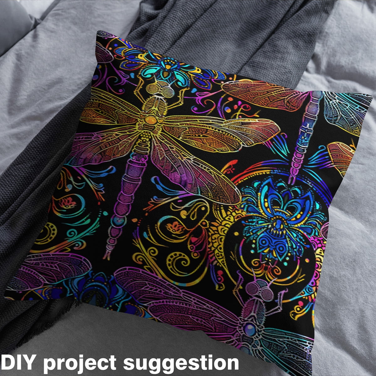Manfei Boho Hippie Dragonfly Fabric by the Yard (3 Yards), Neon Gradient Animal Decorative Fabric by the Yard, Bohemian Mandala Paisley Sewing & Crafting Fabric