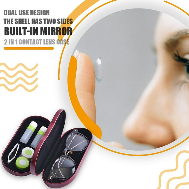2-in-1 Double Sided Portable Eyeglasses Storage Case with Built-in Mirror Contact Lens Container Dispenser Personal Eyes Care Red Type 2
