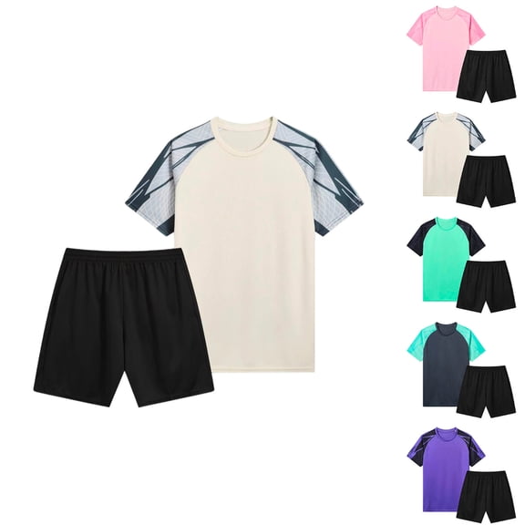 Afuyipoi Boys Girls 2-Piece Activewear (5-15 Years) Youth Quick-Dry Breathable Sports T-Shirt and Shorts Soccer Training Uniform Set For Kids Beige M(11/12)