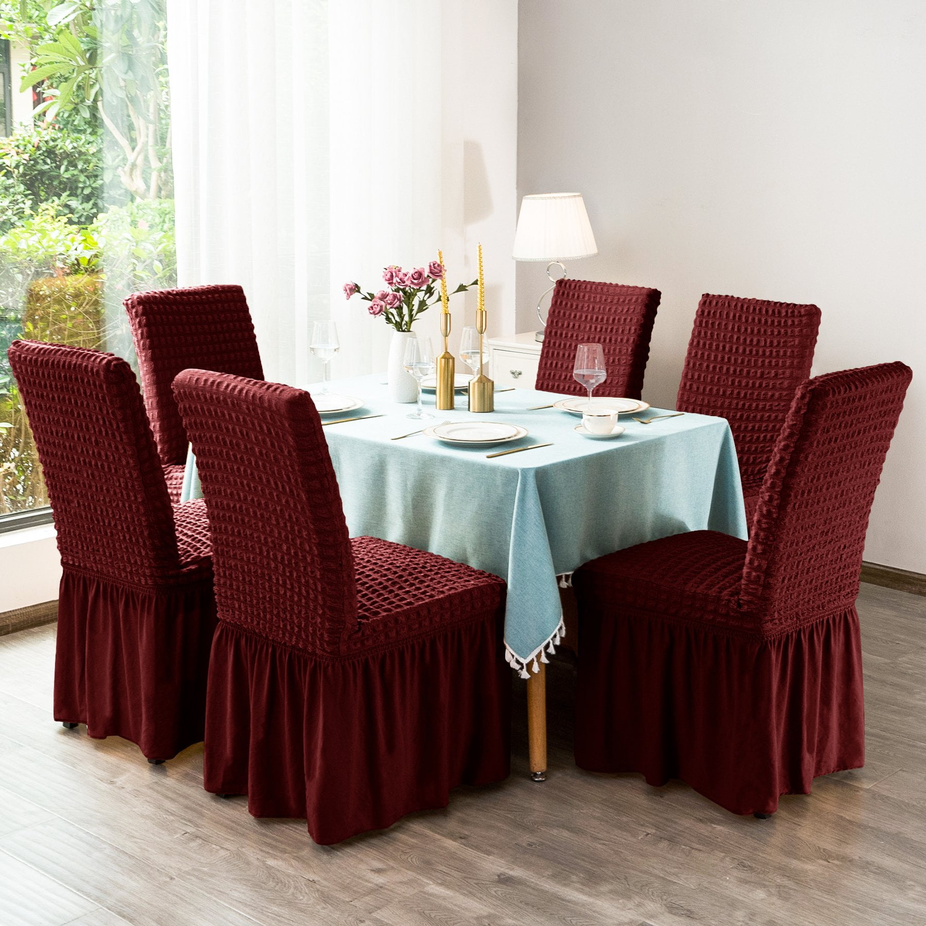Subrtex 2/4PCS Dining Room Chair Covers Slipcovers with Skirt Jacquard Chair Slipcovers Furniture Protector,Set of 2,Wine