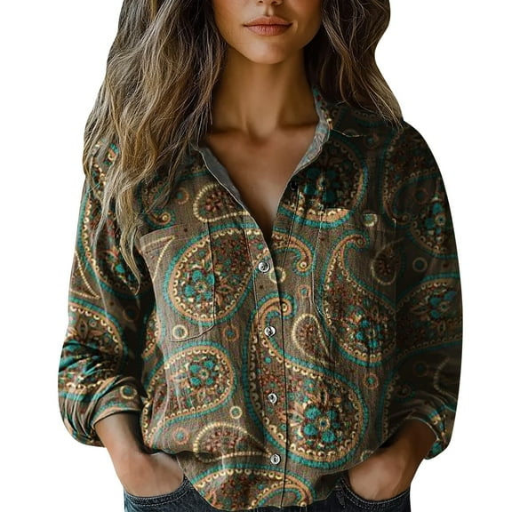 Womens Tops Casual Print Long Sleeve Cotton Button Blouse Spring Summer Shirts for Women Bronze L