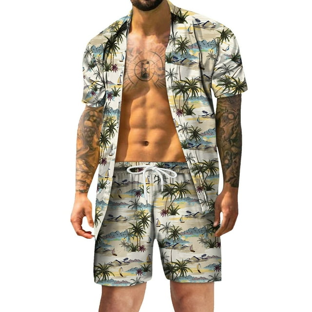 Wyzesi Jumpsuits for Men Long Sleeve Petite Mens Spring Summer Casual Beach Casual Buttoned Short Sleeve Shirt Printed Shorts Set Mens Sweatsuits Set Plus Velour