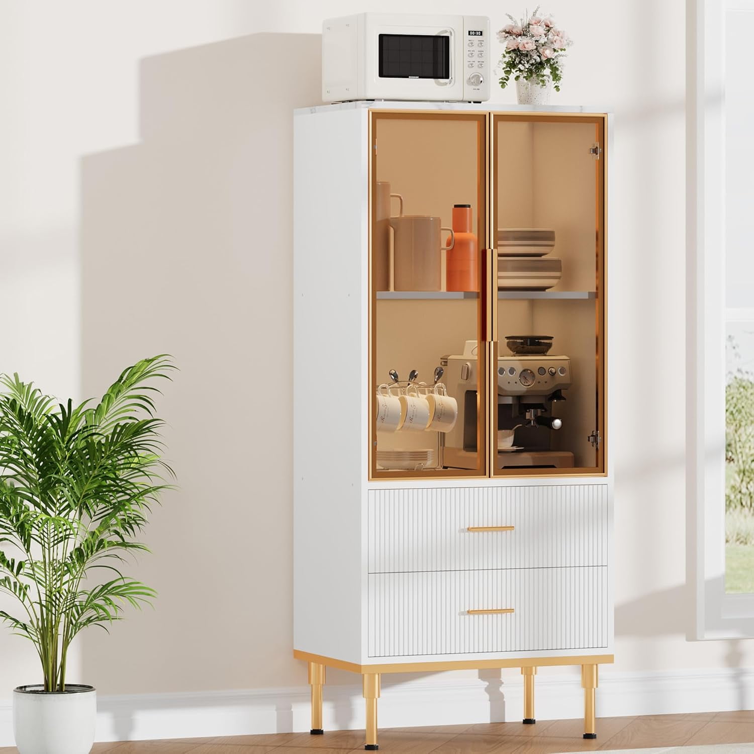 Fluted Storage Cabinet with Glass Door and 2 Drawers, Modern Display Storage Cabinet, Kitchen Pantry with Adjustable Shelves for Collectibles, Living Room, Office