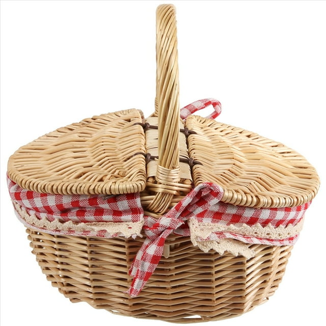 Cesta de Picnic Mimbre Estilo Campestre con Tapa, Asa y Forros para Picnics, Fiestas Barbacoas