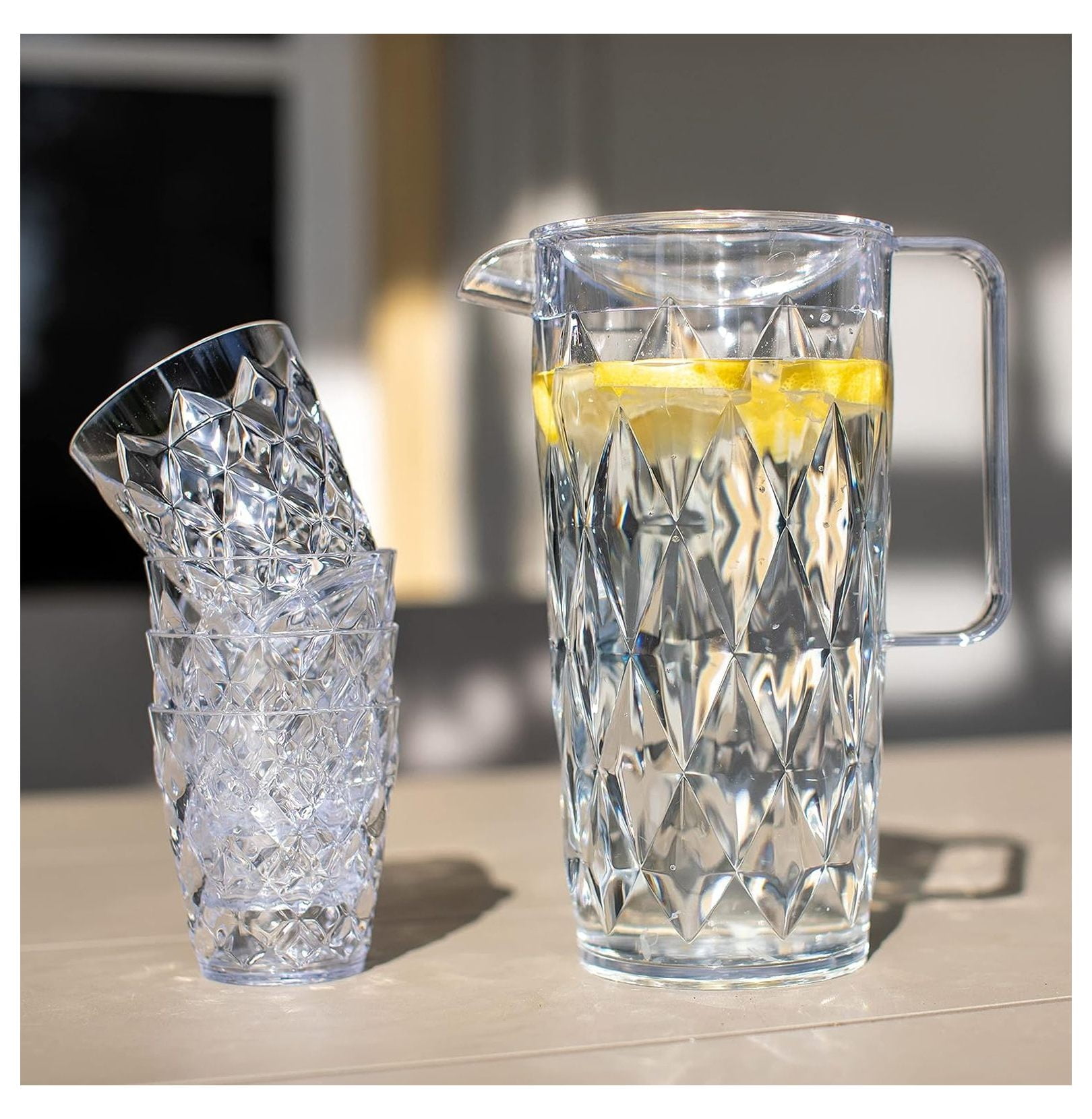 Plastic Pitcher & Glasses Set - Water, Juice, Iced Tea Carafe - Wedding, Party, Restaurant Drinkware - Stackable & Insulated