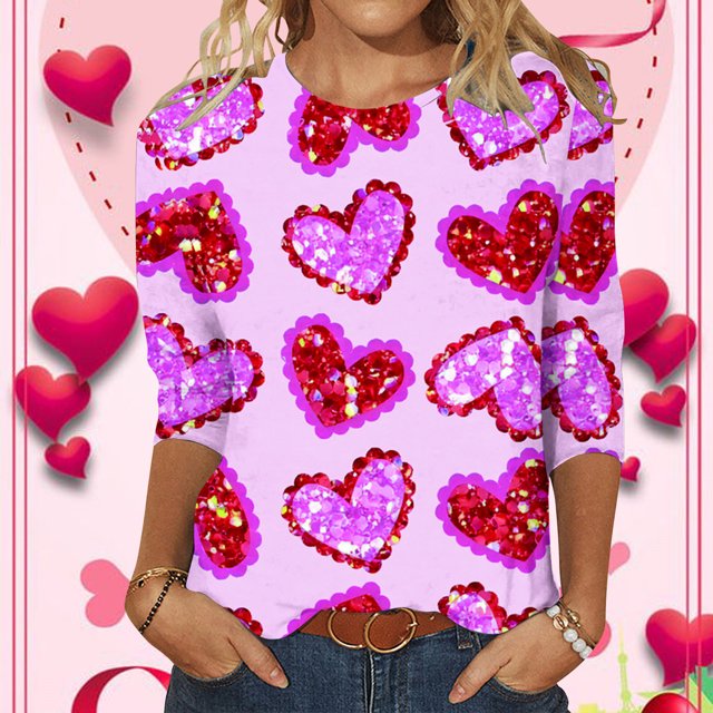 Qertyioot Chemise Ample à Manches 3/4 pour Femmes T-Shirts d'Été Décontractés Col Rond Imprimé Saint-Valentin Hauts Basiques Blouses