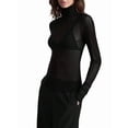 thumbnail image 2 of Top de Larga Ajustado de de Color Liso con Cuello Alto para Mujer, Camisa Transparente. Negro S, 2 of 7
