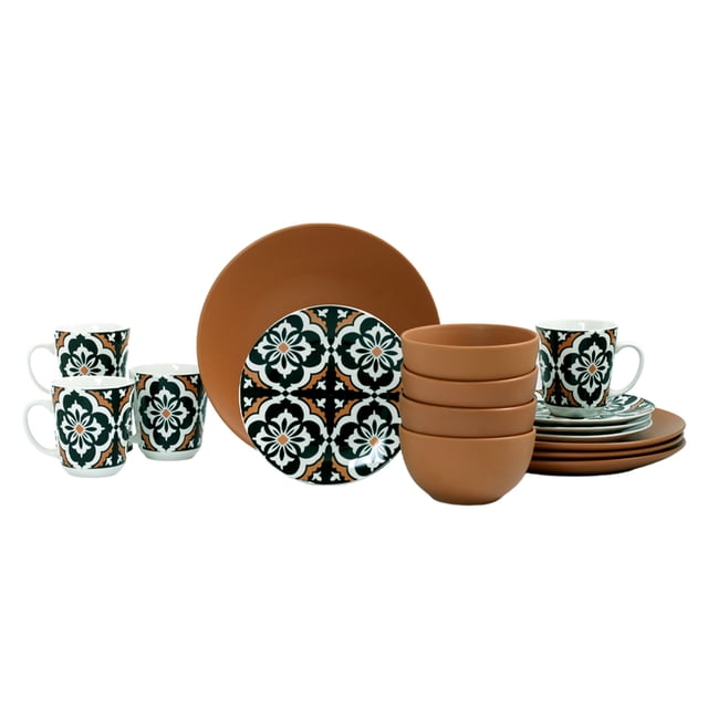 vajilla de porcelana y cerámica crown baccara 16 piezas para 4 personas cholula con 4 platos trinche 27.2 cm, 4 platos ensalada 19 cm, 4 bowls 14 cm (550 ml) y 4 tazas 340 ml; vista frontal centrada de piezas decoradas con patrón Talavera en negro y blanco y piezas sólidas terracota mate apiladas, paleta terracota, negro y blanco, apta para microondas y lavavajillas.