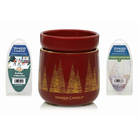 Yankee Candle Golden Pine Electric Wax Warmer with LED and Timer and Shimmering Christmas Tree and Holiday Winterfest Wax Melts