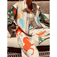 thumbnail image 3 of Conjunto de 2 piezas de camisa de manga larga para mujer, traje elegante con solapa, blusa de un solo pecho, Pantalones estampados, trajes de vacaciones, 3 of 5