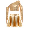 thumbnail image 3 of TSSOE Kids Girls 2 Piece Sequin Jazz Dance Outfit Long Sleeve Metallic Fringed Crop Top and Mini Pleated Skirts Set Gold 12, 3 of 7