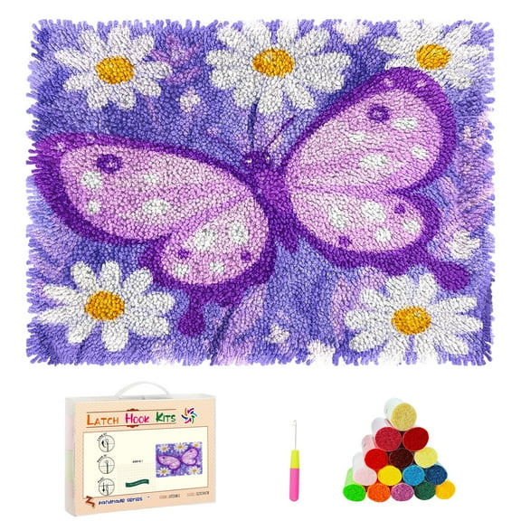 DIY Latch Hook Rug Kits Cartoon Butterfly and White Daisy Flower Stamped Non-slip Mat Crocheting Yarn Hook and Latch Emboridery Tapestry for Home Floor Decor and Pet Warm Cushion 52x38cm(99)