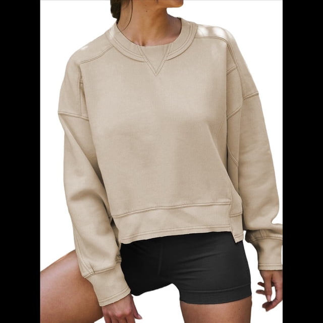 Sudadera Corta para Mujer, Cuello Redondo, Larga, Talla Grande, Otoño-Invierno 2025, Estilo Jersey Holgado. Albaricoque L