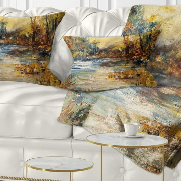 Designart Stream in Forest Oil Painting - Landscape Painting Throw Pillow - 12x20