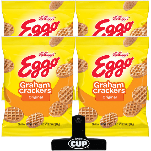 Kellogg's Eggo Original Graham Crackers, 1.74 oz (Pack of 4) with By The Cup Bag Clip