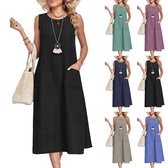 Laqbezok Women's Sleeveless Cotton Linen Dress, Casual Round Neck Loose Fit Midi Sundress with Pockets, Boho A-Line Tank Gown