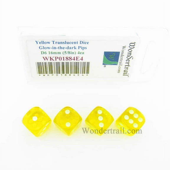Yellow Transparent Dice with Glow in the Dark Pips D6 16mm (5/8in) Pack of 4 Wondertrail