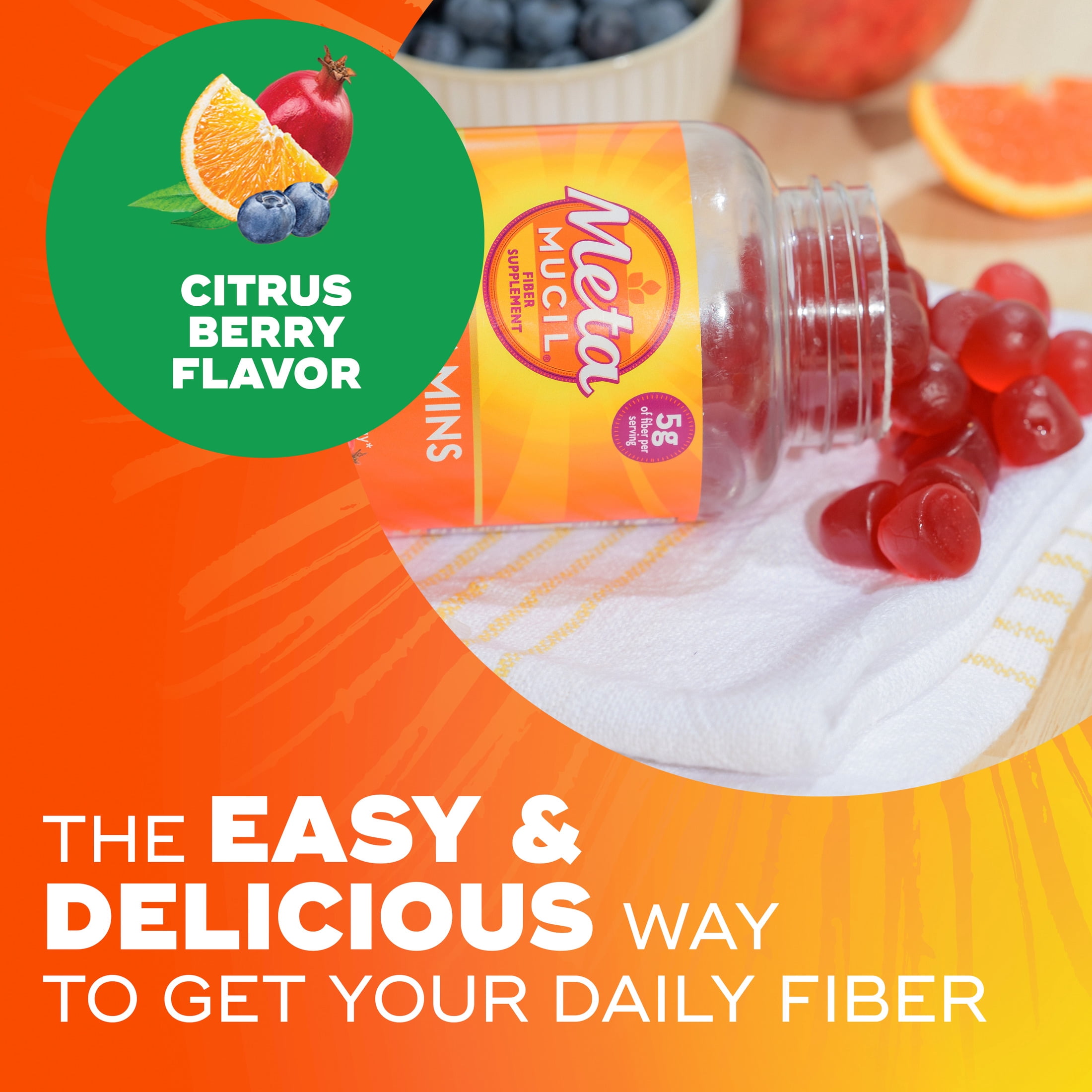Metamucil Fiber Gummies, Prebiotic Fiber Gummies Plus Vitamins Citrus Berry, 72 Count
